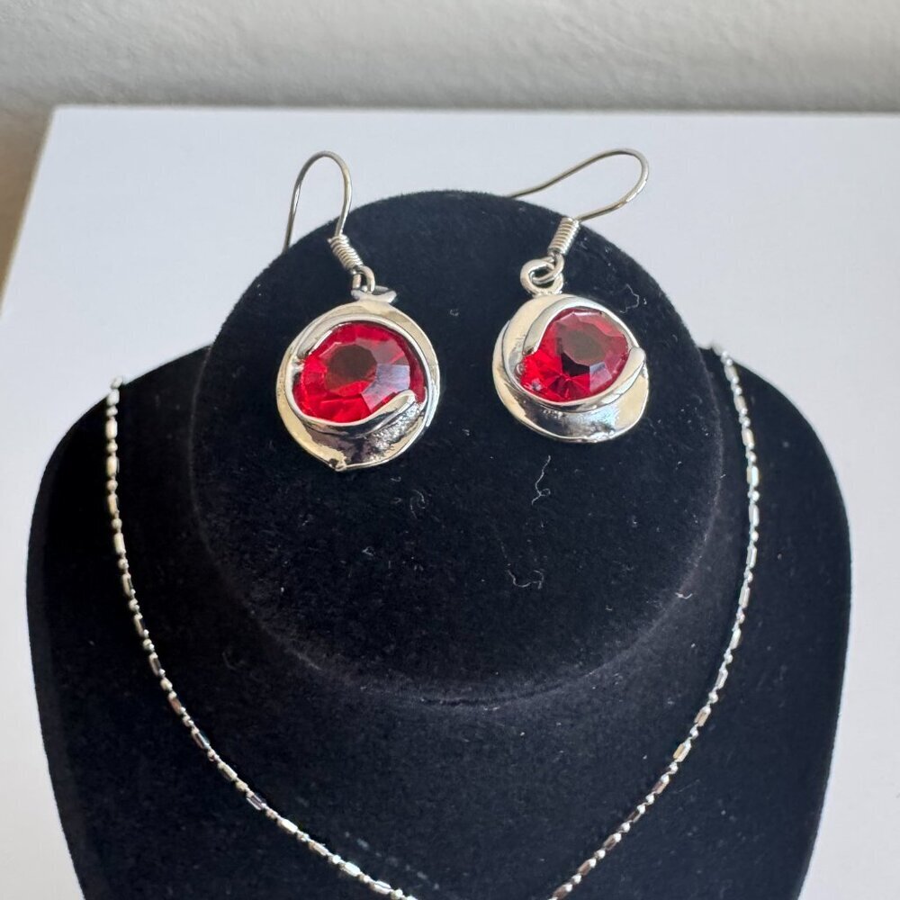 Sterling Silver Red Crystal Necklace & Earrings Set - Picture 2 of 16